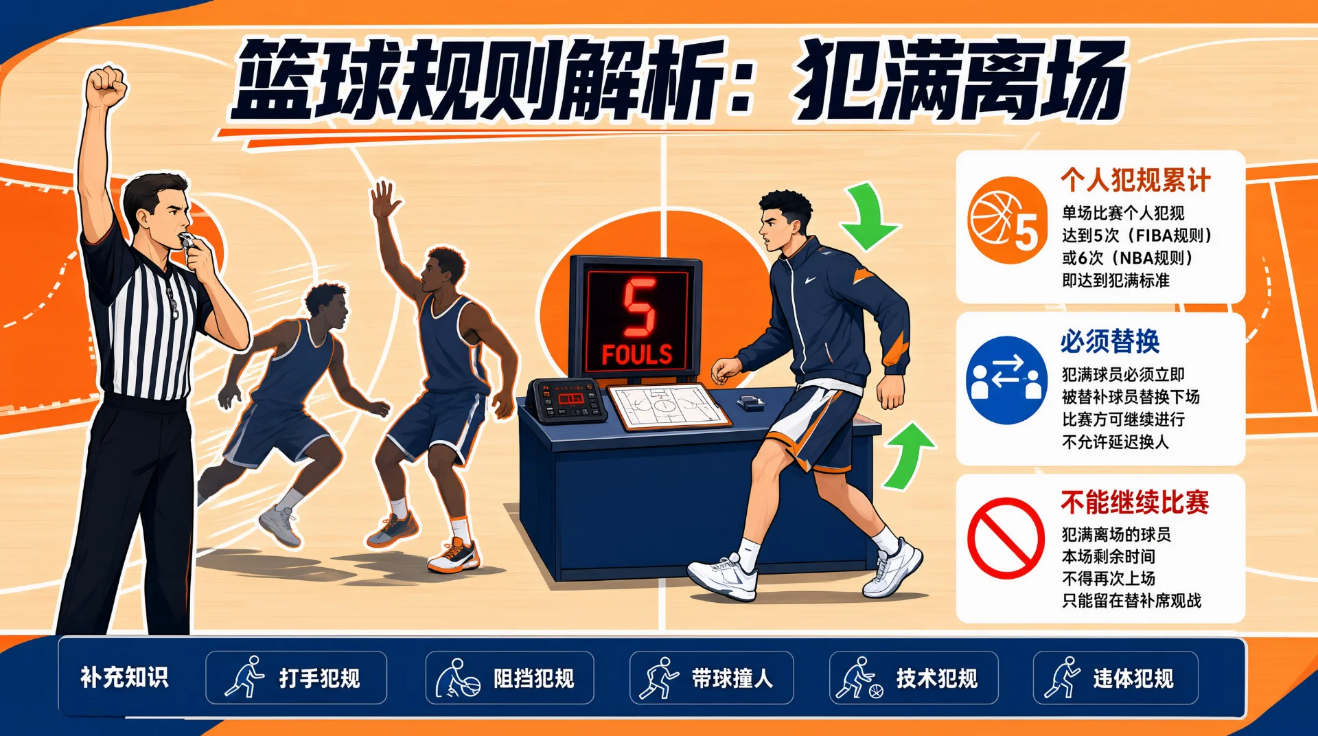 插画：裁判举手吹哨示意犯规，记录台屏幕显示“5 FOULS”，球员离场、替补上场；右侧列个人犯规累计、必须替换、不能继续比赛三条说明，底部列多种犯规名称。