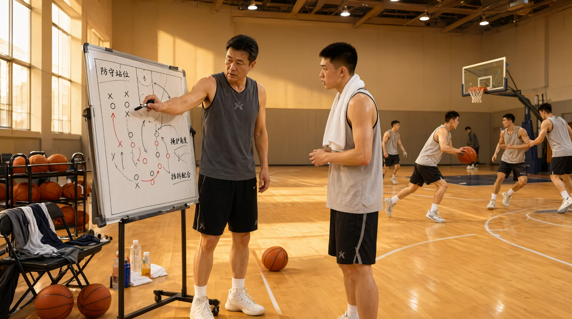 篮球馆内，一名穿灰色背心的男子站在战术白板前持笔讲解，身旁肩搭毛巾的年轻球员聆听；背景中多名球员在木地板上进行传球跑位训练，场边球架上放着篮球。